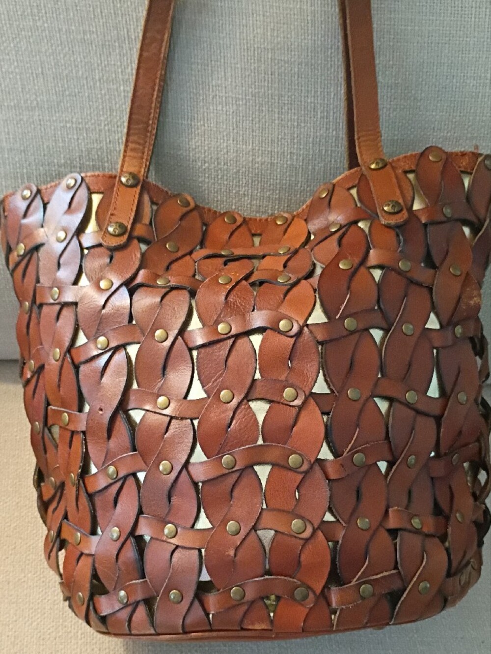 Patricia Nash Twisted Braid Mizzana Toast Brown Italian Leather Tassel Tote - Picture 7 of 15